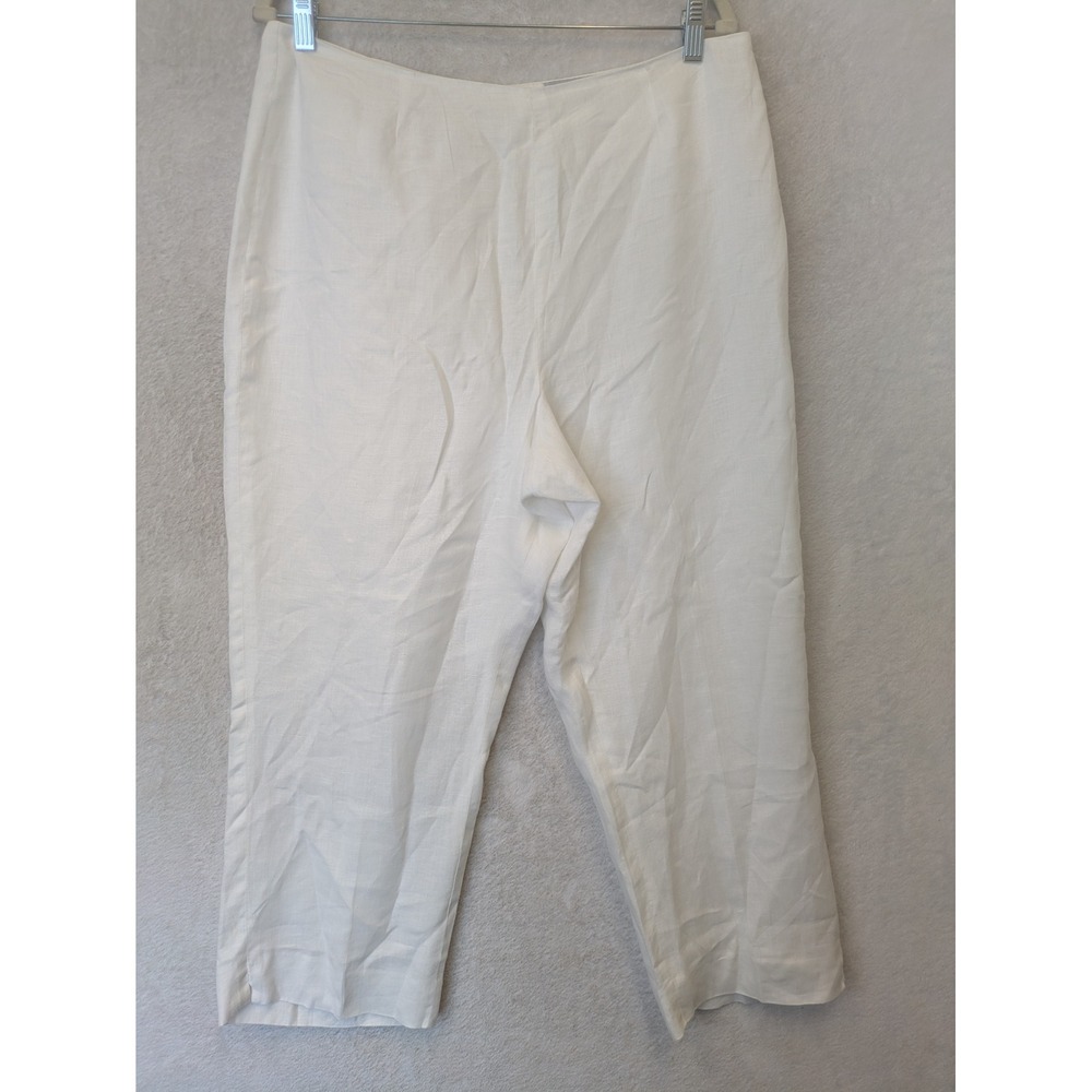 David N. Cropped Pants Women's 16 White 100% Linen Side Zip Wide Leg